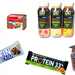 Zdjęcie przedstawia różne produkty proteinowe: jogurt, chleb, napoje, batoniki i pudding.