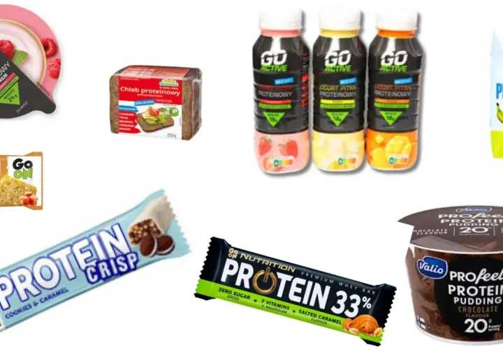 Zdjęcie przedstawia różne produkty proteinowe: jogurt, chleb, napoje, batoniki i pudding.