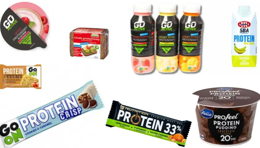 Zdjęcie przedstawia różne produkty proteinowe: jogurt, chleb, napoje, batoniki i pudding.