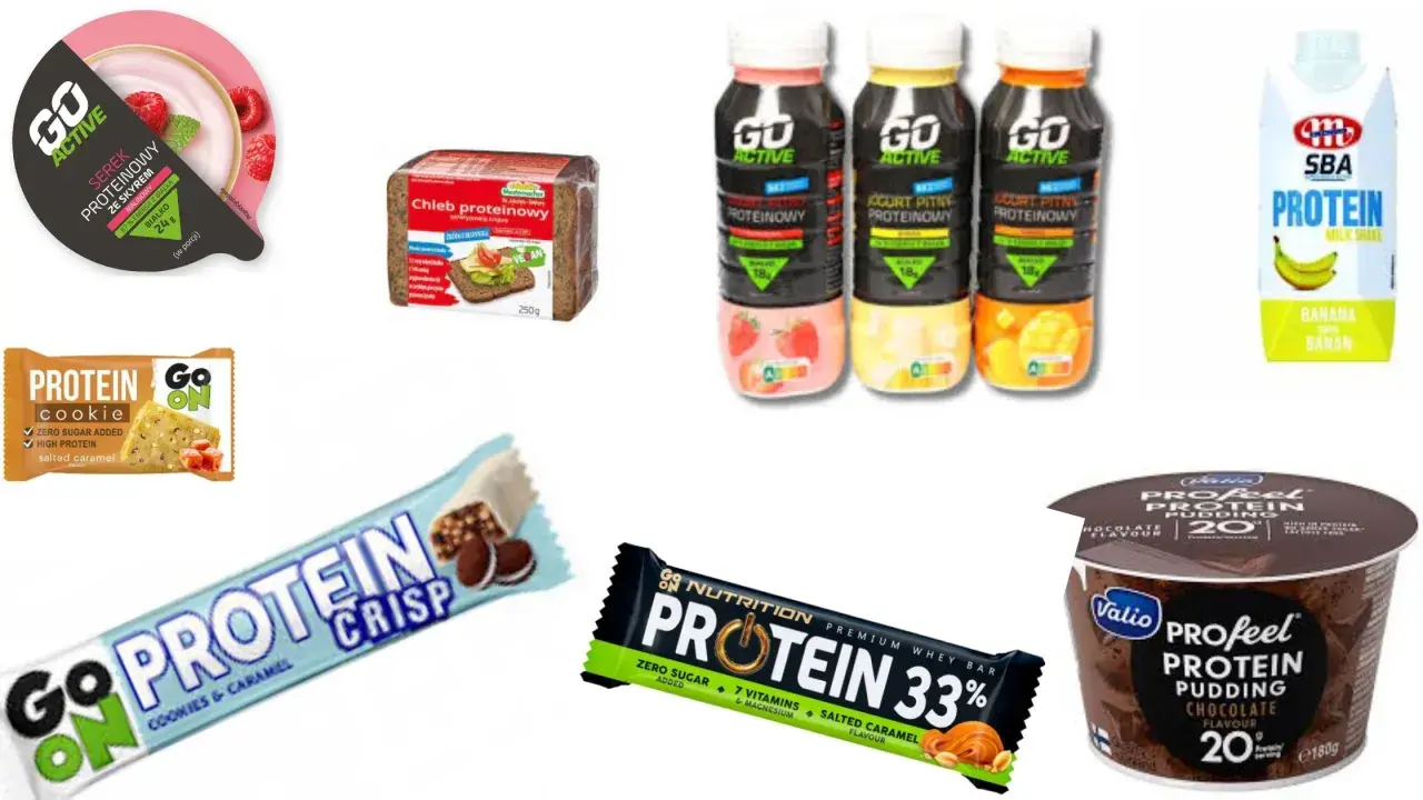 Zdjęcie przedstawia różne produkty proteinowe: jogurt, chleb, napoje, batoniki i pudding.